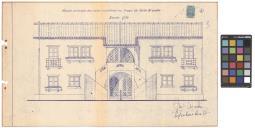 Alçado principal de casas a construir, na praça do bairro do Porto Brandão.