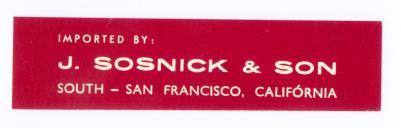 Contrarrótulo Imported by: J. Sosnick & Son, South - San Francisco, Califórnia. 