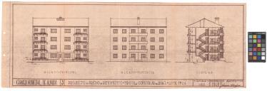 Alçados principal e posterior e corte AB do prédio de rendimento tipo III a construir, na Rua I, lote n.º 24, Centro Cívico, Almada.