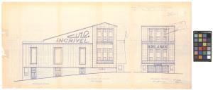 Planta de alterações do cinema, fachada lateral esquerda e fachada principal da Sociedade Filarmónica Incrível Almadense (situação projetada), Almada.
