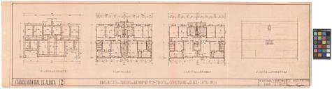 Plantas das fundações, r/c, andares e cobertura de prédio de rendimento tipo III, a construir, na Rua I, lote n.º 24, Centro Cívico, Almada.